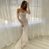Sexy mermaid Ladies wedding dress with off the shoulder floor-length sequined beaded long sleeve sweep train bridal gown